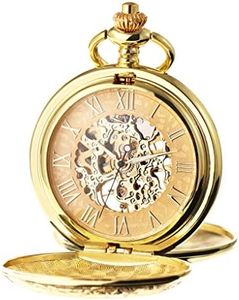 TREEWETO Men's Mechanical Roman Numerals Dial Skeleton Pocket Watches with Gift Box and Chains for Mens Women Gold