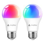 ANWIO A19 Matter Wi-Fi Smart Light Bulbs Alexa, Compatible with Apple HomeKit, Google Assistant, SmartThings, E26 RGB Color Changing Bulb, 60W Equivalent, 2 Pack