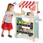 Costzon Kids Pretend Play Grocery Store, Wooden Ice Cream Cart Toy Set for Kids with Ice Cream Making Counter, Scale, Bell, Display Shelves, Black Board, Canopy, Solid Wooden Wheels, Gift for Toddlers