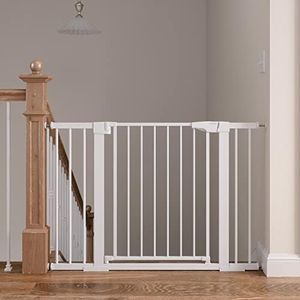 Mumeasy Baby Gate, 29.6"-46" Extra Wide Pet Gate with Walk Through Door, Pressure Mounted Auto Close Dog Gate for Stairs & Doorways