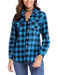 Totatuit Flannel Checked Shirts Womens Classic Long Sleeve Plaid Shirt Blouse V Neck Button Down Ladies Checked Shirt with Pocket Blue