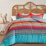 Flysheep Boho Striped Bed in a Bag 7 Pieces Queen Size, Colorful Bohemian Tribal Teal Blue Red Reversible Bed Comforter Set (1 Comforter, 1 Flat Sheet, 1 Fitted Sheet, 2 Pillow Shams, 2 Pillowcases)