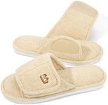 LongBay Open Toe House Slippers for Women Indoor Memory Foam Slip On Slippers with Adjustable Strap Terry Cloth Bedroom Shoes (Beige, 7-8)