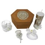 Catholic Baptism Kit in a Wooden Box with Towel, Candle, Rosary and Shell for Baby Boys and Girls. Handmade in Mexico Gift for Godparents. Holy Spirit Baptism Candle Set. Kit de Bautizo.