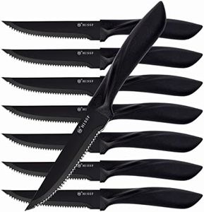 HISSF Steak Knives Set of 8, Black Serrated Stainless Steel Sharp Blade Flatware Steak Knife Set, 4.5 Inches,Non stick coating for Anti-rusting, for Restaurant Tableware Kitchen Camping