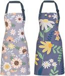 ARBINSON 2 Pack Floral Apron for Women with Pockets, Adjustable Cotton Chef Aprons for Kitchen, Cooking, BBQ & Grill, Green/Leaves, Medium