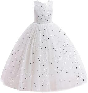 Girls Tulle Formal Wedding Dress Child's Ball Gown Sparkly Pageant Princess Bithday Party Dresses for Girls 13-14 Years White