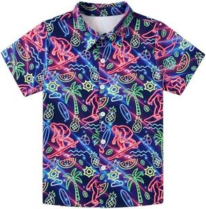 uideazone Size 13-14 Teen Boys Funky Hawaiian Shirts Neon Savage Printing Button Down Aloha Shirt Unqiue Short Sleeve Blouse Beach Style Summer Wear Tops