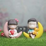 Wonderland Polyvinyl Chloride Dolls on The Moon Cute Couple Garden Miniature Showpiece, Pink & Yellow, 2 Pc/Set