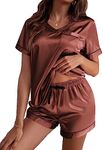 Ekouaer Silk Pajama for Women Short Sleeve Satin Pj Set Two Piece Soft Sleepwear Loungewear Casual Pjs for Summer Caramel Large