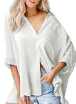 Astylish Womens Oversized Button Down Shirts White 3/4 Sleeve Blouse Shirt with Pockets Cotton Cover Ups Shirts Casual White Beach Shirt Bikini Swimsuit White Coverup Tunic Tops, White, Medium