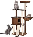 PawHut 58" Cat Tree for Large Cats Adult, Kitty Activity Center with Sisal Scratching Posts, Hammock, Perches Ramp, Hanging Ball, Brown