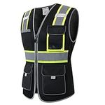 HoliSecure Safety Vest for women, Hi vis Reflective Lady Work vest With 9 Multi Pocket And Zipper, Black, Medium