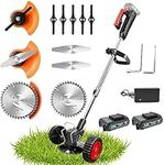 KYHSHJ Electric Weed Eater,21V Cordless Trimmer,with Adjustable Length & 3 Types Blades， is Suitable for Yard Lawn Trimming（2 Batteries with Wheels）