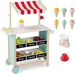 FUTADA Kids Grocery Store Prend Play Cart, Wooden Toy Shop with Ice Cream Toy, Scales, Bell, Chalkboards, Canopy, Wheels, Ice Cream Truck Toys for Kids, Gift for Boys Girls Ages 3+ (Red)