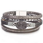 Leather Wrap Bracelet Boho Cuff Bracelets Crystal Bead Bracelet with Clasp Jewelry Gifts for Women(7.7", Grey)