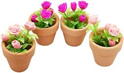 4 Pieces Mini Dollhouse Potted Plant Flower Model 1:12 Miniature Scene Bonsai Plant Set Accessories Micro Landscape Decoration (Rose+Pink)