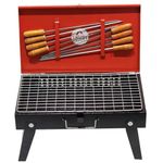 TrustBasket Foldable Charcoal Barbeque Grill Set With 8 Skewers & Charcoal Tray (Red & Black) Briefcase Barbeque Grill