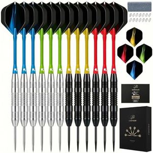 centaur 12 Pack Steel Tip Darts, Professional 22 Grams Metal Dart Set with 4 Color Premium Aluminum Shafts and 4 Style PET Flights and Dart Case, Silver & Black