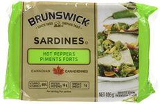 Brunswick Sardines with Hot Peppers - 106g, 18 Count - Canned Sardines – Excellent Source of Protein - 16g of Protein Per 84g Serving Drained - Contains Omega-3 - High in Vitamin D - Source of Iron