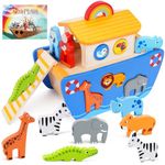 Toddlers Wooden Noah's Ark Toy Animal Playset, Baptism Gifts for 2 3 Boys Girls, Shape Sorter Early Learning Montessori Toys with Bible Story Book for 24 Months Babies