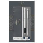 Parker Jotter Duo Gift Set with Ballpoint Pen & Fountain Pen | Stainless Steel with Chrome Trim | Blue Ink Refill & Cartridges | Gift Box