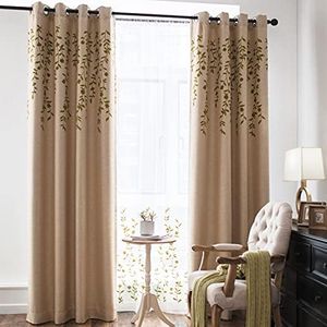 Melodieux Flower Embroidery Linen Blackout Curtains for Living Room Bedroom Silver Grommet Window Drape, Beige/Green, 52 by 84 Inch (1 Panel)