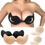 SUWAIS FASHION Sticky Push-Up Bra - Sticky Padded Bra Self-Adhesive Bra - Strapless, Backless & Reusable - Silicone Adhesive Bra - 2 Pairs (Black & Biege)