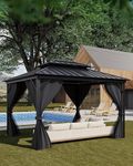 GarveeLife Hardtop Gazebo 12'x14' for All Weather, with Double Metal Roof, Aluminum Alloy Frame, Net, and Curtain, Permanent Building for Patio, Deck, Backyard, Lawn, and Garden, Gray