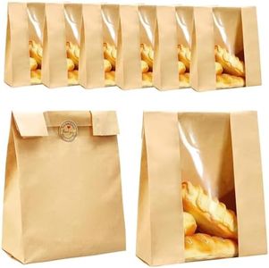 AYHOJIO 50 Pack Kraft Sourdough Bread Bagss(31cmx21cmx9cm) with Thank You Stickers,Large Paper Bakery Bags with Clear Window for Homemade Bread, Baked Food Packaging Storage,Bread Bag(Brown)