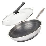 CATHYLIN 12.5" 316L Stainless Steel Honeycomb Non Stick Wok Pan Stir-fry Wok with Lid,Skillet with Stay-cool Handle PFOA Free Suitable for Induction, Ceramic, Electric, and Gas Cooktops