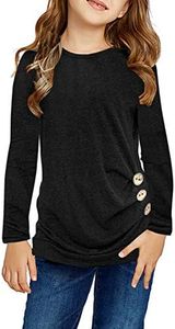 Ecokauer Little Girls Black T Shirts Casual Long Sleeve Girls' Tops, Tees & Blouses for Children Solid Color Side Buttons Cute Birthday Shirt Fashion Outfits Size 6-7