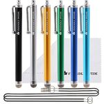 The Friendly Swede Bundle of 6 Micro-Knit Hybrid Fiber Tip Universal Capacitive Stylus Pens 4.5" for Smart Phone Touch Pad + 6 x 15'' Elastic Tether Lanyards + Cleaning Cloth in Retail Packaging