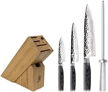 Shun Cutlery Premier Grey 5-Piece Starter Block Set, Kitchen Knife & Knife Block Set, Includes 8” Chef's Knife, 4” Paring Knife, 6.5” Utility Knife, & Honing Steel, Handcrafted Japanese Kitchen Knives