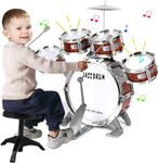 Kids Drum Kit, Junior Jazz Drum Set Toddler Toy 5 Drums with Stool Pedal Cymbal and Drumsticks Beginners Musical Instrument Percussion Holiday Birthday Educational Gift for Boys Girls, Red