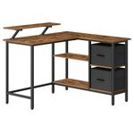 VASAGLE L-Shaped Desk with 2 Spacious Drawers, Gaming Desk with Monitor Stand, Corner Desk, Computer Desk with Adjustable Storage Shelf, for Home Office, Rustic Brown LWD097B01