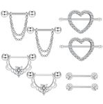 PATISORNA 4 Pair 14G Stainless Steel Nipple Tongue Rings for Women CZ Nipplering Piercing Set Barbell Heart Shaped Body Jewelry Silver Tone