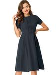 Allegra K Women's Round Neck Short Sleeve Pleated Vintage 1950s Midi Dress Navy Blue S-8