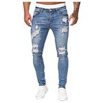 BGKKTLW Men's Stretchy Ripped Skinny Jeans Taped Slim Fit Denim Jeans Distressed Washed Straight Leg Fashion Comfort Waist Pants Light Blue