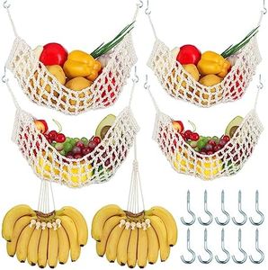 Preboun 6 Pcs Hanging Fruit Hammock for Kitchen Macrame Fruit Basket Under Cabinet 20 x 11.8 Inch, 15.8 x 7.9 Inch Vegetable Banana Holder Handwoven Fruit Net with Banana Hanger and Hooks Boat Rv