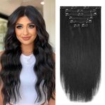 Aison Natural Black Clip in Hair Extensions Real Human Hair 70G/7Pcs Soft Silky Straight 16clips Clip in Human Hair Extensions for Women 15 Inch