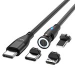 P-TECHUK 60W Rotating Super Fast USB C Magnetic Data Cable, PD Fast Charging Cable compatible with Micro Usb, Type C & iProduct Devices. A18 Black (1M Cable + Micro,Type C & iProduct Tips)