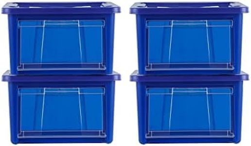 Rubbermaid Small All-Access Tote with Lids, Pack of 4, Stackable Storage Bins with Clear Drop-Down Door and Carry Handles, Closet Organization Containers, Blazer Blue