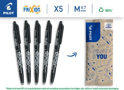 PILOT Frixion Ball Erasable Rollerball Pen Set, Black, Medium Tip, 5-Pack