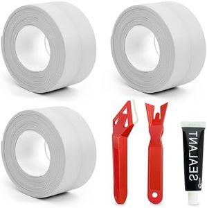 Honitra 3 Roll White Caulk Tape, 1.5" x 10.5Ft Self-Adhesive Waterproof Caulking Sealing Tape with 2 Caulking Tools and 1 Glue for Kitchen Toilet Bathroom Sink Basin Edge Protector