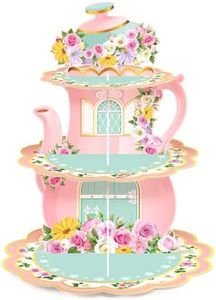 Zopeal 3 Tier Floral Tea Party Cupcake Stand Decoration Spring Vintage Teapot Party Cupcake Holder Talking Party Dessert Tower for Flower Theme Tea Party Baby Shower Princess Birthday Wedding Supplies