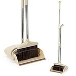 Broom and Dustpan Set, Upright Dust Pan and Broom with 51" Extendable Long Handle for Home Kitchen Room Lobby Office Floor Clean (Beige）