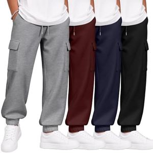 YooAurvox 4 Pack Boys Cargo Jogger Pants Hiking Athletic Elastic Waist Drawstring Youth Lightweight Sweatpants with 4 Pockets(Wine, Navy Blue, Light Gray, Black,X-Large)