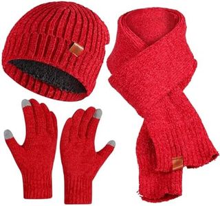 Winter Beanie Hat Scarf Gloves Set for Women, Womens Beanie Long Scarf Neck Warmer Touchscreen Gloves 3 in 1 Set (Red)