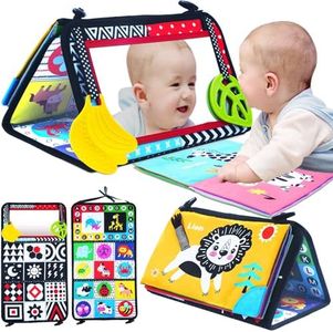 Tummy Time Baby Mirror, Infant Toys Newborn Toys 0 3 Months Brain Development with Crinkle Cloth Book, Black and White High Contrast Baby Toys 4 6 9 12 18 Month Boys Girls Crawling Sensory Toy